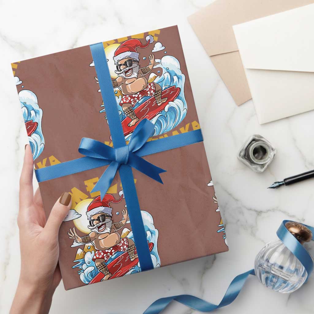 Christmas In Hawaii Wrapping Paper Roll Mele Kalikimaka Surfing Santa Kakau Tattoo TS11 Mocha Print Your Wear