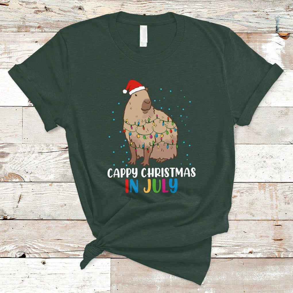 Christmas in July Cute Capybara Cappy Christmas Xmas Lights T Shirt TS02 Dark Forest Green Printyourwear