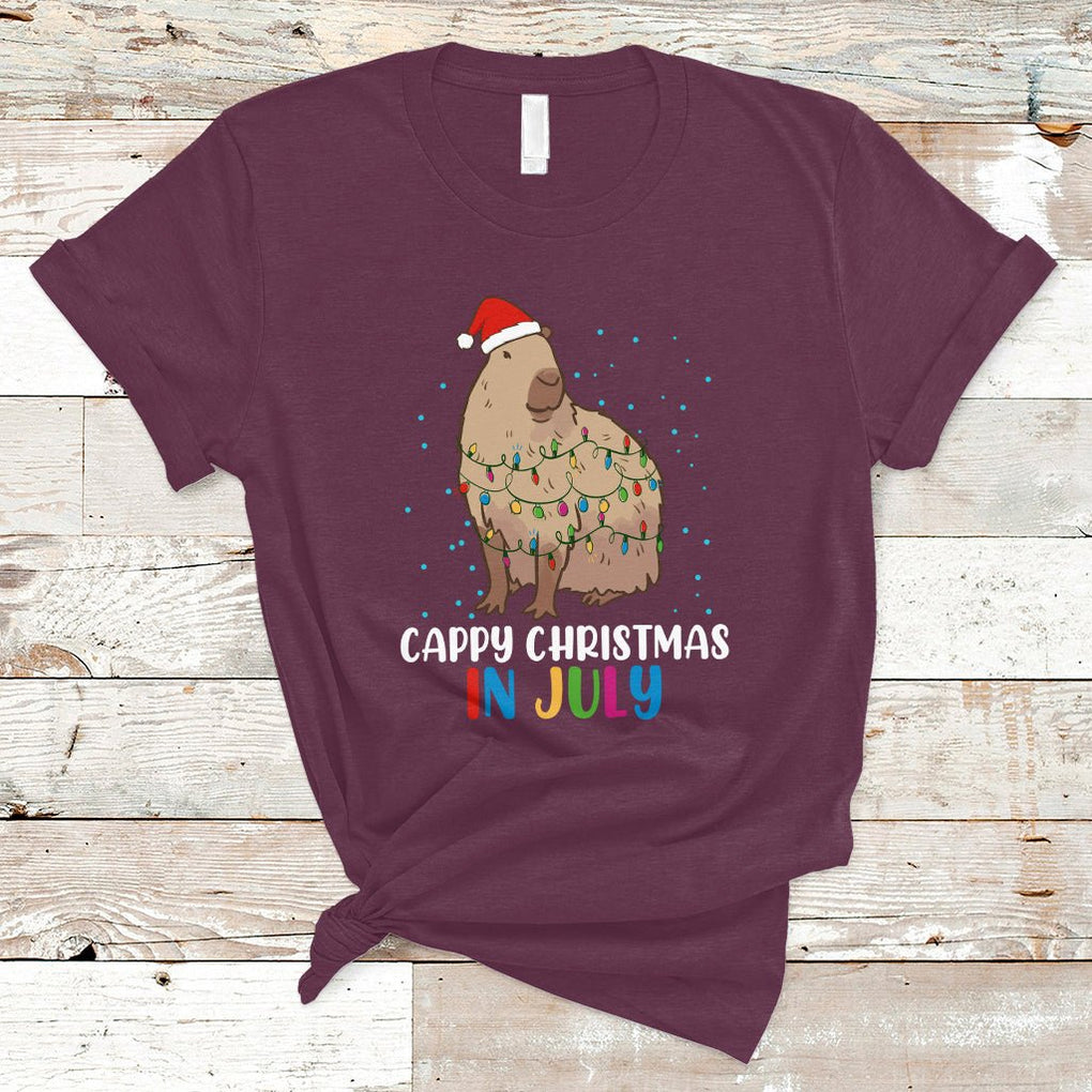 Christmas in July Cute Capybara Cappy Christmas Xmas Lights T Shirt TS02 Maroon Printyourwear