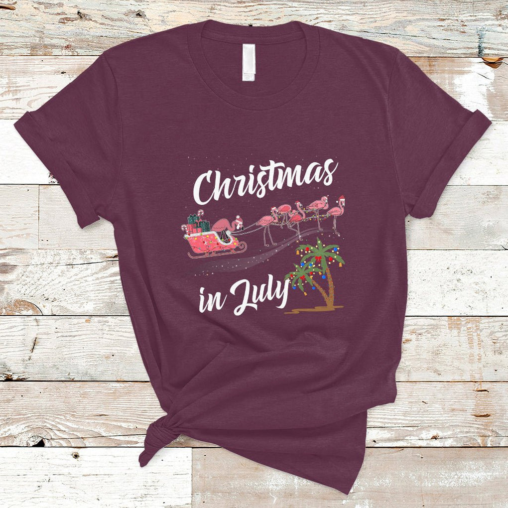Christmas in July Pink Flamingo Funny Xmas Matching T Shirt TS02 Maroon Printyourwear