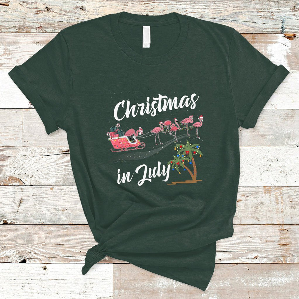Christmas in July Pink Flamingo Funny Xmas Matching T Shirt TS02 Dark Forest Green Printyourwear