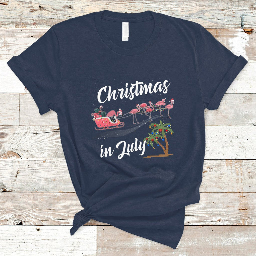 Christmas in July Pink Flamingo Funny Xmas Matching T Shirt TS02 Navy Printyourwear