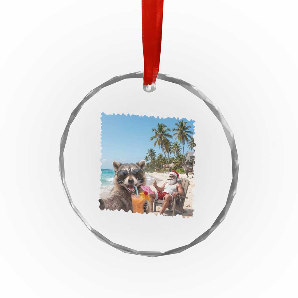 Christmas In July Raccoon And Santa Crystal Glass Ornament Tropical Summer Vacation Graphic