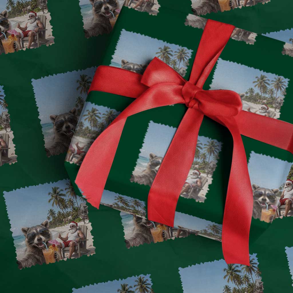 Christmas In July Raccoon And Santa Wrapping Paper Roll Tropical Summer Vacation Graphic