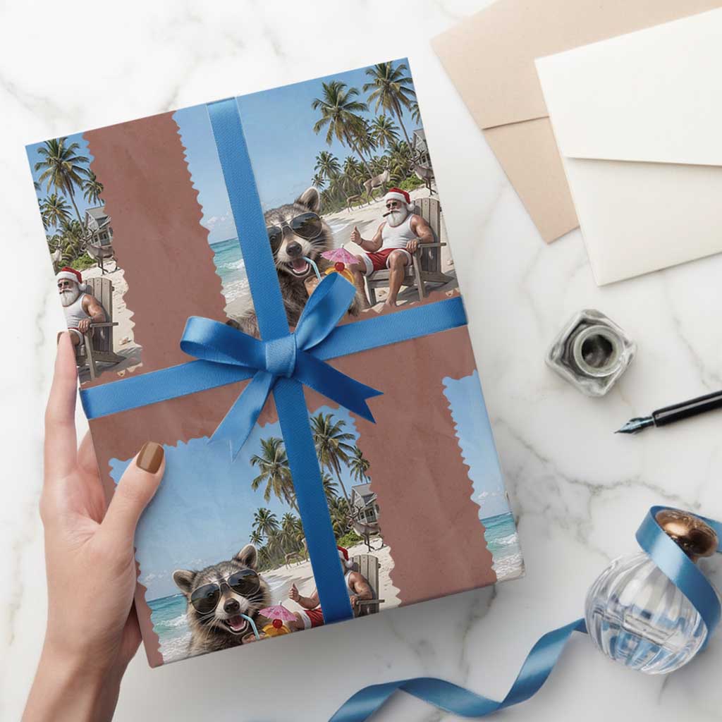 Christmas In July Raccoon And Santa Wrapping Paper Roll Tropical Summer Vacation Graphic