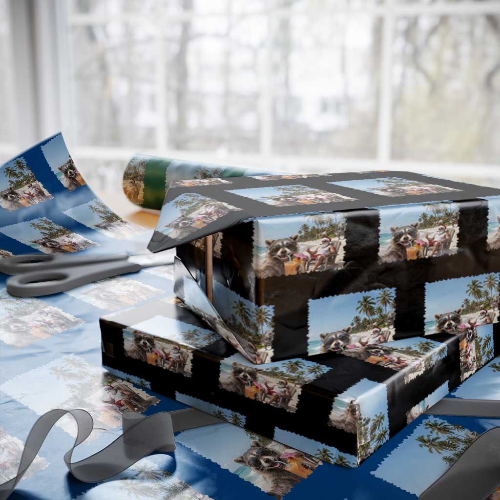 Christmas In July Raccoon And Santa Wrapping Paper Roll Tropical Summer Vacation Graphic