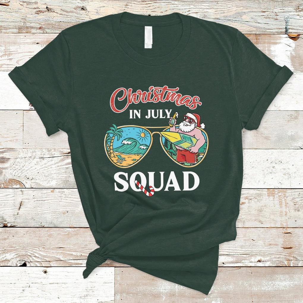 Christmas In July Squad Funny Summer Xmas Beach Holiday T Shirt TS02 Dark Forest Green Printyourwear