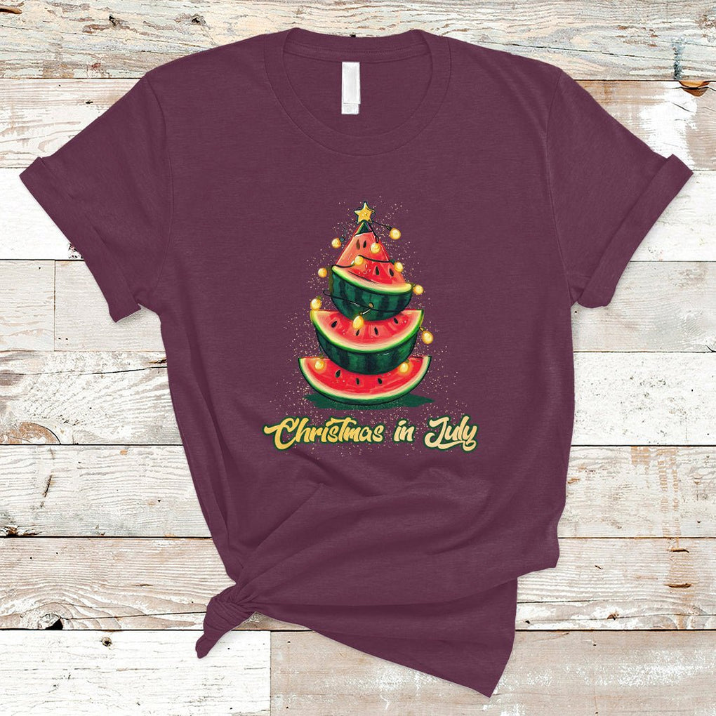 Christmas in July T Shirt Christmas In July Watermelon Xmas Tree Funny Summer Vacation TS02 Maroon Printyourwear