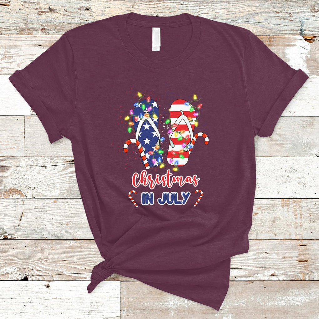 Christmas in July T Shirt Xmas in July Flip Flops Xmas Lights Beach Lovers Summer TS02 Maroon Printyourwear