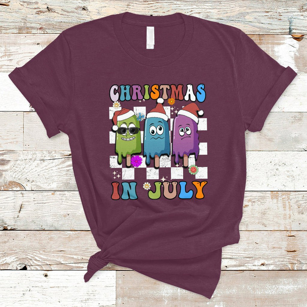 Christmas in July T Shirt Xmas in July Melting Popsicles Stick Summer Vibes Retro TS02 Maroon Printyourwear