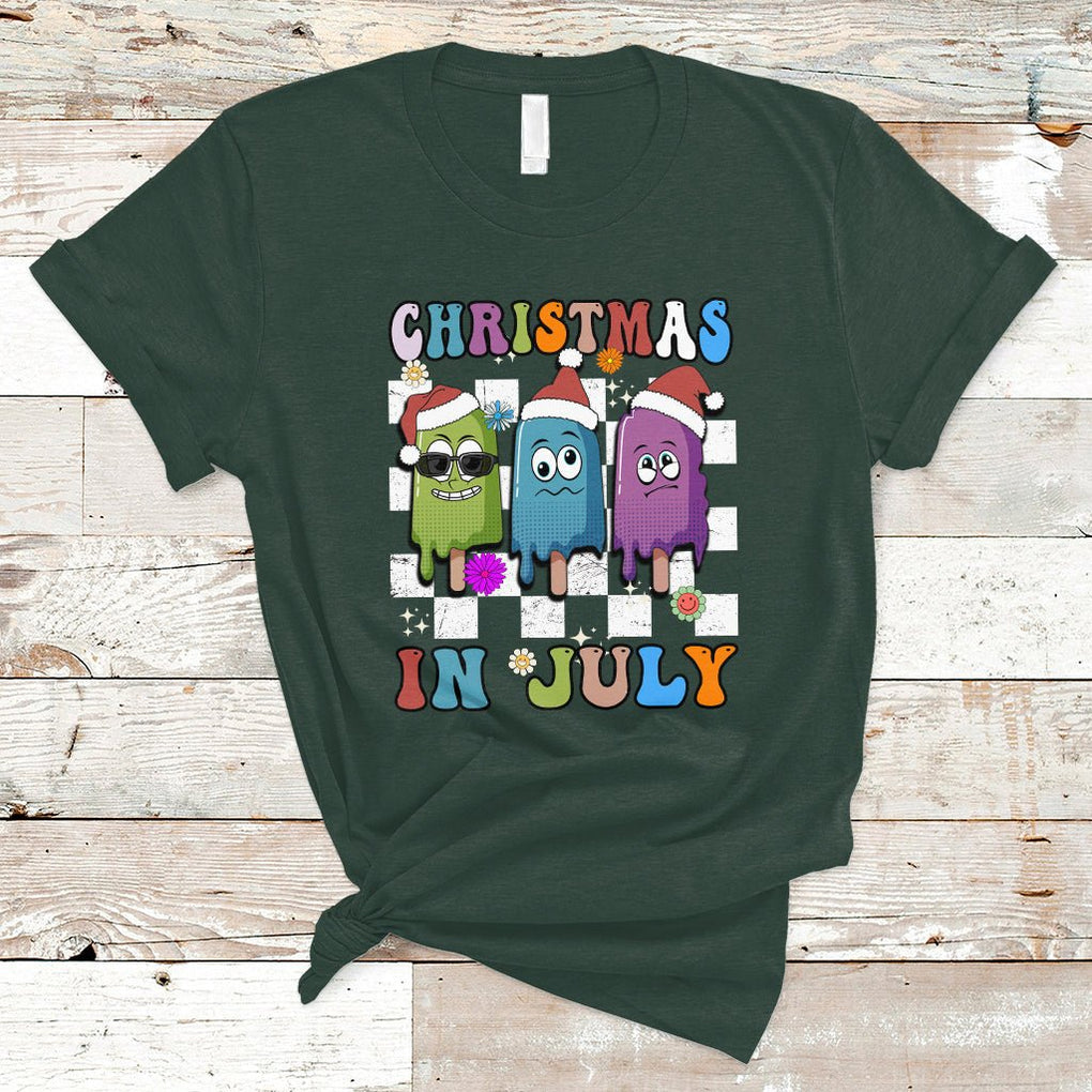 Christmas in July T Shirt Xmas in July Melting Popsicles Stick Summer Vibes Retro TS02 Dark Forest Green Printyourwear
