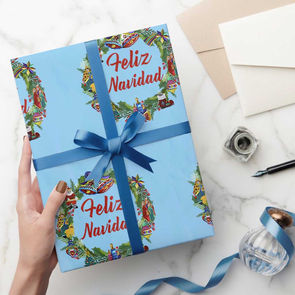 Christmas In Mexico Wrapping Paper Roll Feliz Navidad Xmas Wreath TS11 Light Blue Print Your Wear