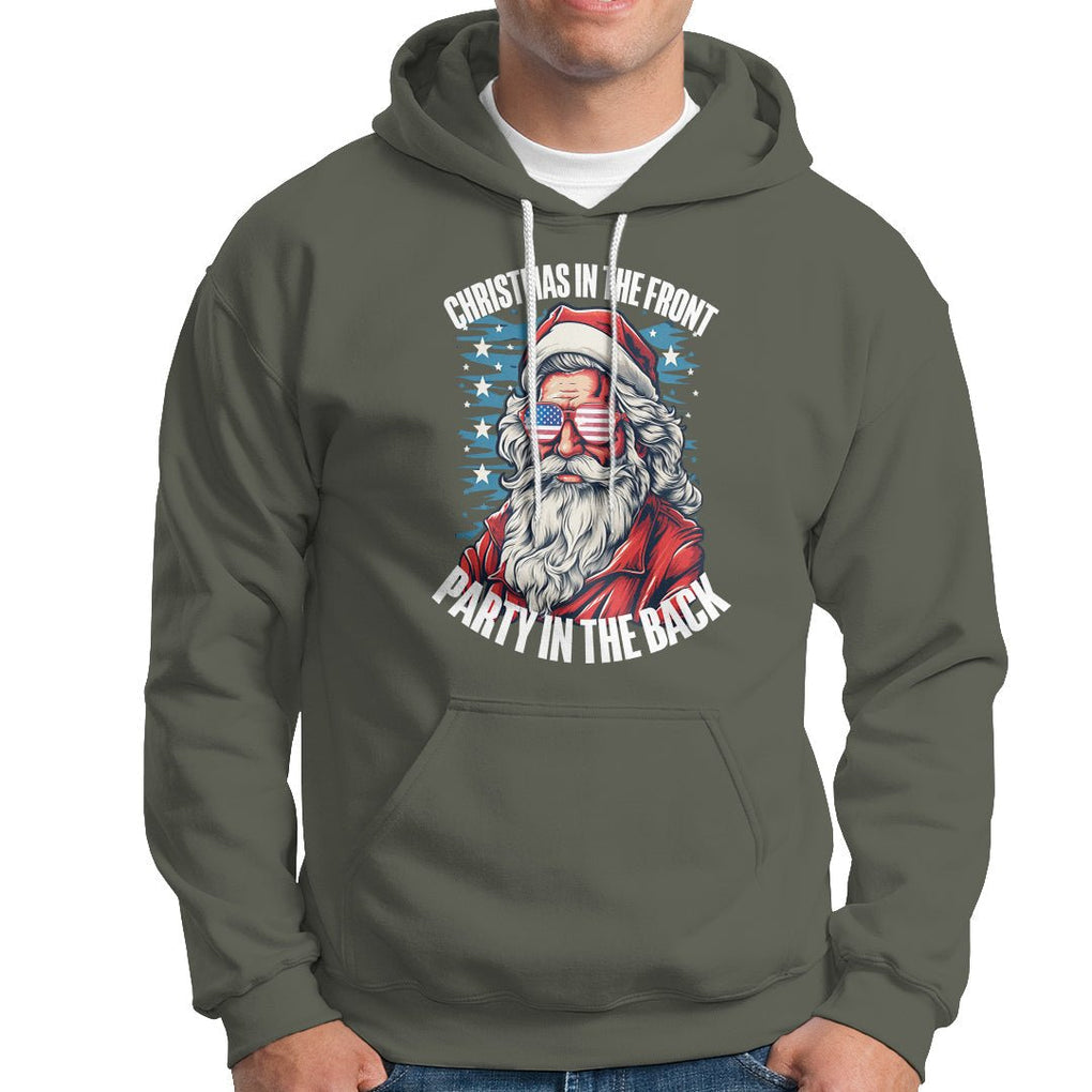 Christmas in the Front Party in the Back USA Patriotic Santa Hoodie TS09 Military Green Printyourwear