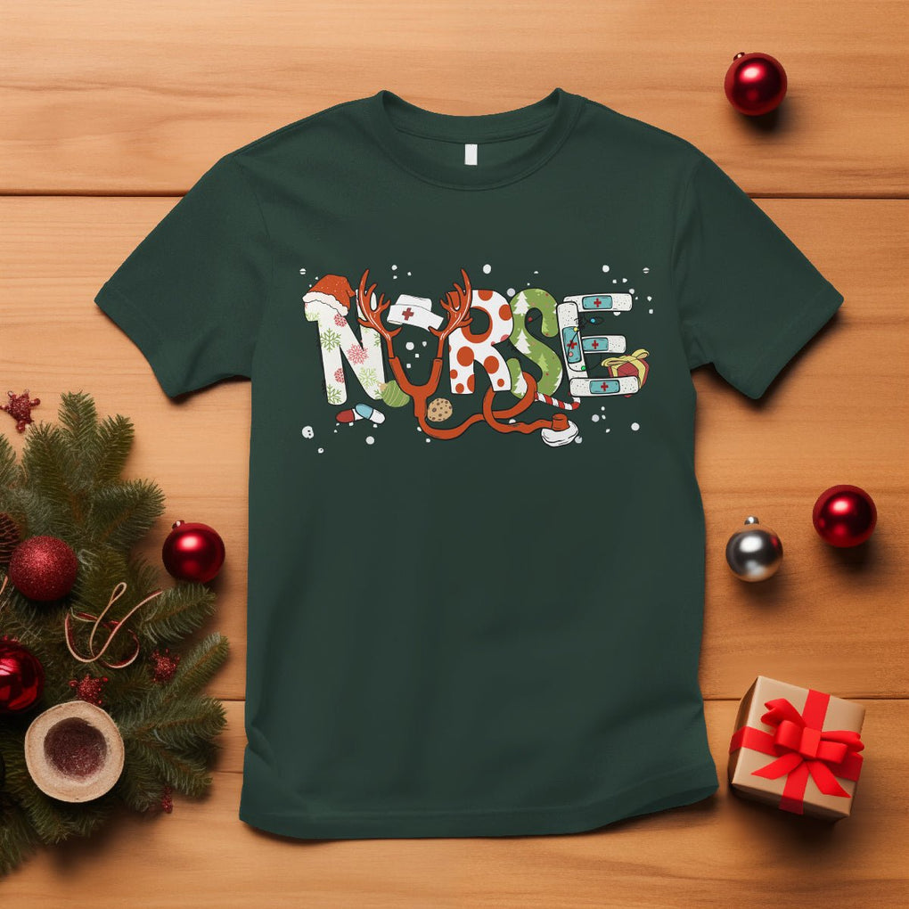 Christmas Nurse Xmas Stethoscope Reindeer Hat T Shirt TS09 Dark Forest Green Printyourwear