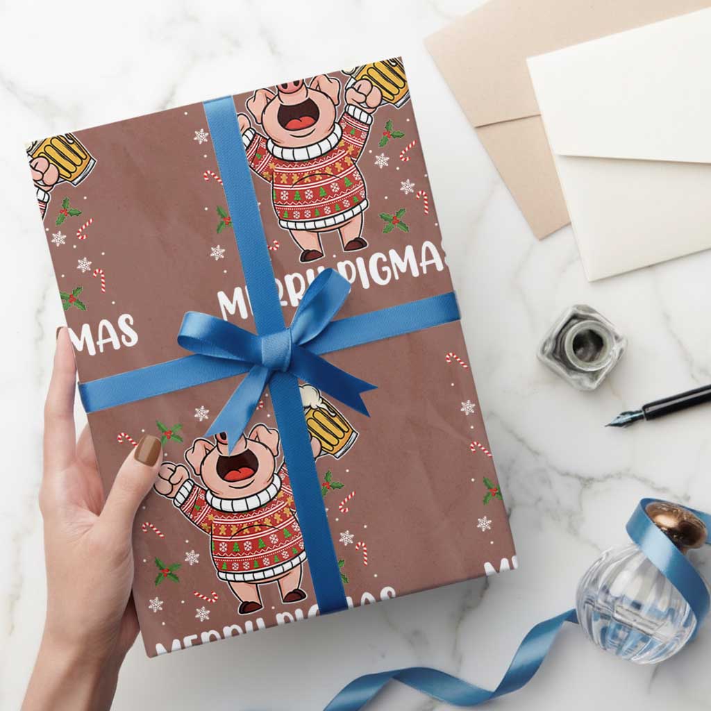 Christmas Pig Drinking Beer Wrapping Paper Roll Funny Merry Pigmas Gift TS12 Mocha Print Your Wear