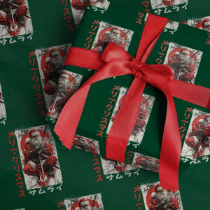 Christmas Samurai Santa Wrapping Paper Roll Japanese Xmas Warrior Ukiyo-e Art TS11 Green Print Your Wear