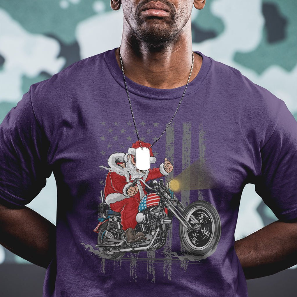 Christmas Santa Claus Riding Motorbike Patriotic USA T Shirt TS09 Printyourwear