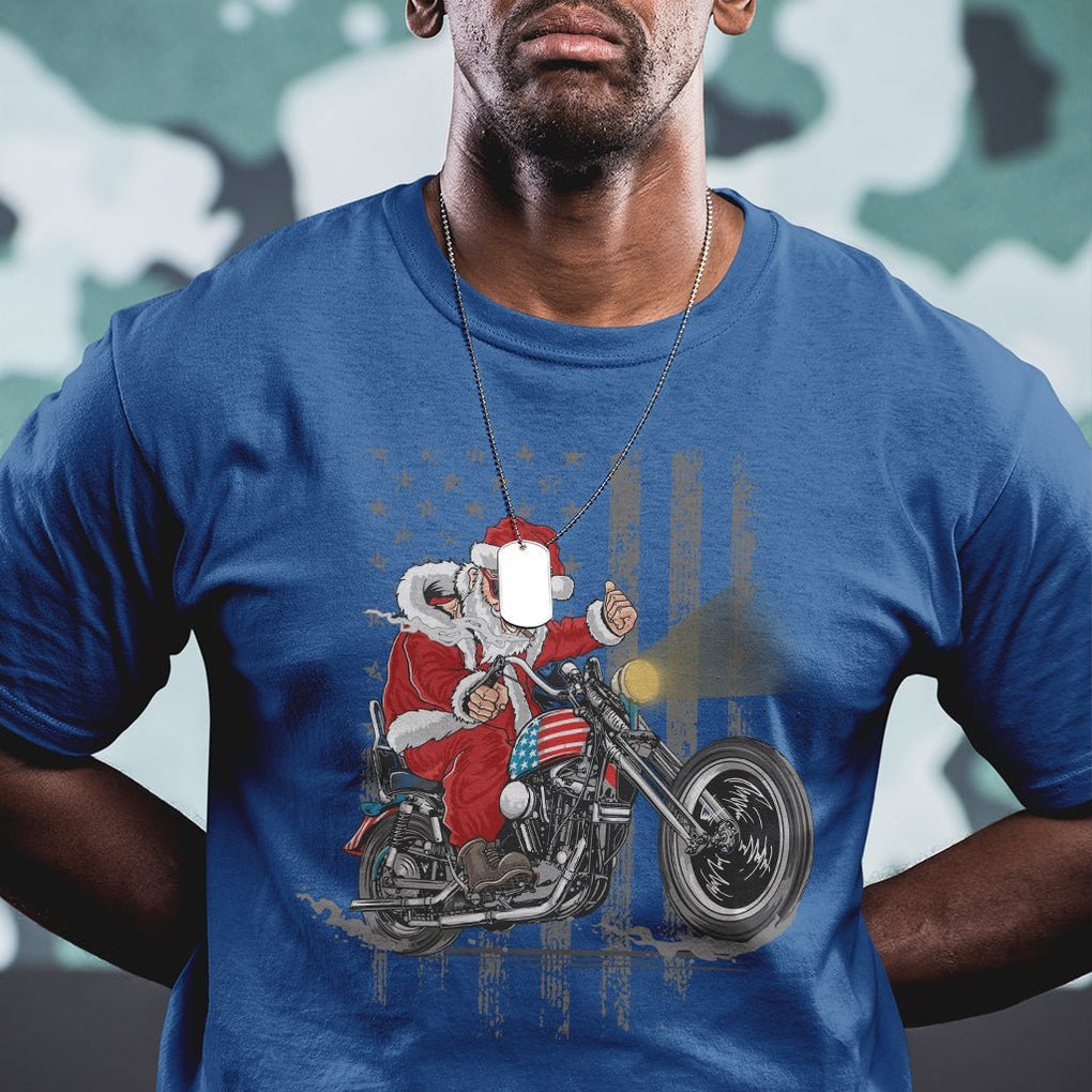 Christmas Santa Claus Riding Motorbike Patriotic USA T Shirt TS09 Printyourwear