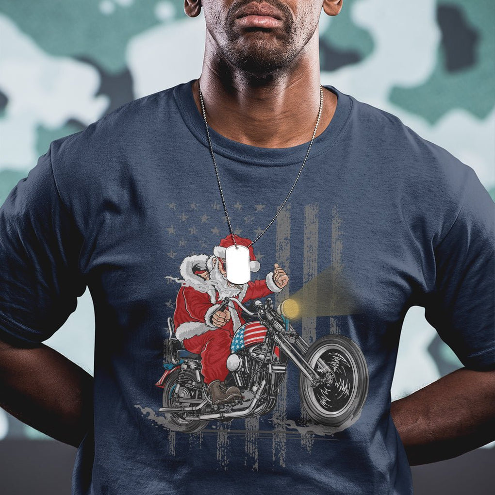 Christmas Santa Claus Riding Motorbike Patriotic USA T Shirt TS09 Printyourwear