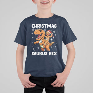 Christmas Saurus Gingerbread Dinosaur Riding Funny Cookie T Shirt For Kid TS09 Navy Printyourwear