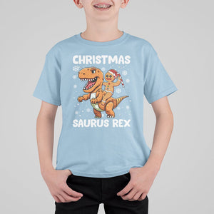 Christmas Saurus Gingerbread Dinosaur Riding Funny Cookie T Shirt For Kid TS09 Light Blue Printyourwear
