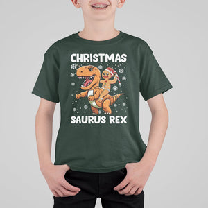 Christmas Saurus Gingerbread Dinosaur Riding Funny Cookie T Shirt For Kid TS09 Dark Forest Green Printyourwear