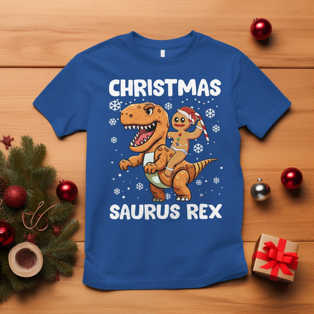 Christmas Saurus Gingerbread Dinosaur Riding Funny Cookie T Shirt TS09 Royal Blue Printyourwear