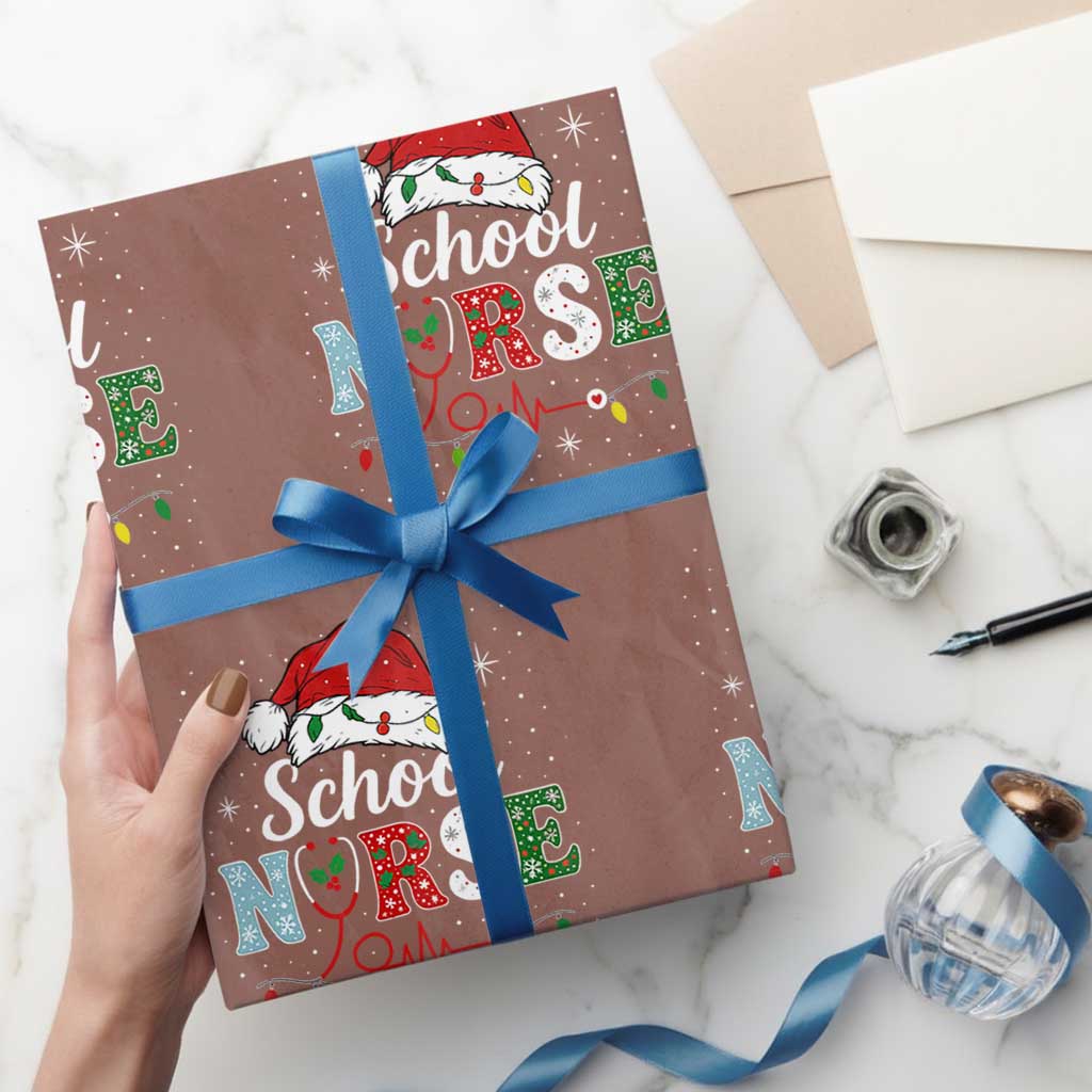Christmas School Nurse Wrapping Paper Roll Xmas Lights Red Santa Hat Crew Nurse TS10 Mocha Print Your Wear