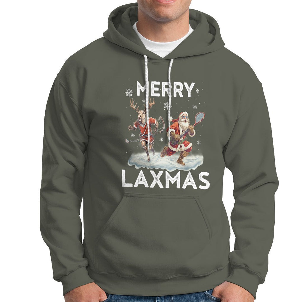Christmas Sport Hoodie Merry LAXMAS Santa Reindeer Play Lacrosse TS09 Military Green Printyourwear