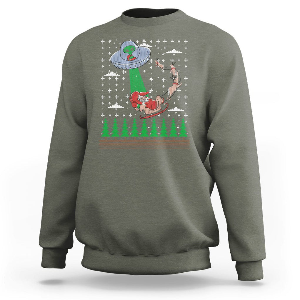 Christmas Sweatshirt Alien Invasion Space UFO Catch Santa TS09 Military Green Printyourwear
