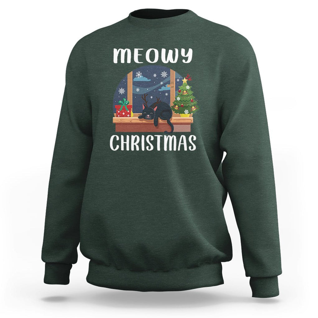 Christmas Sweatshirt Cat Reindeer Chillin' Xmas Eve Window Meowy TS09 Dark Forest Green Printyourwear