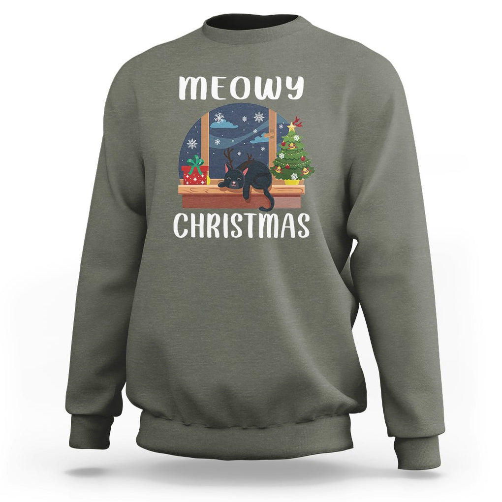 Christmas Sweatshirt Cat Reindeer Chillin' Xmas Eve Window Meowy TS09 Military Green Printyourwear
