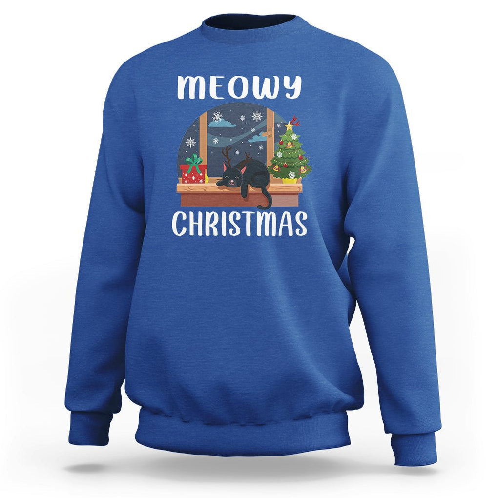 Christmas Sweatshirt Cat Reindeer Chillin' Xmas Eve Window Meowy TS09 Royal Blue Printyourwear