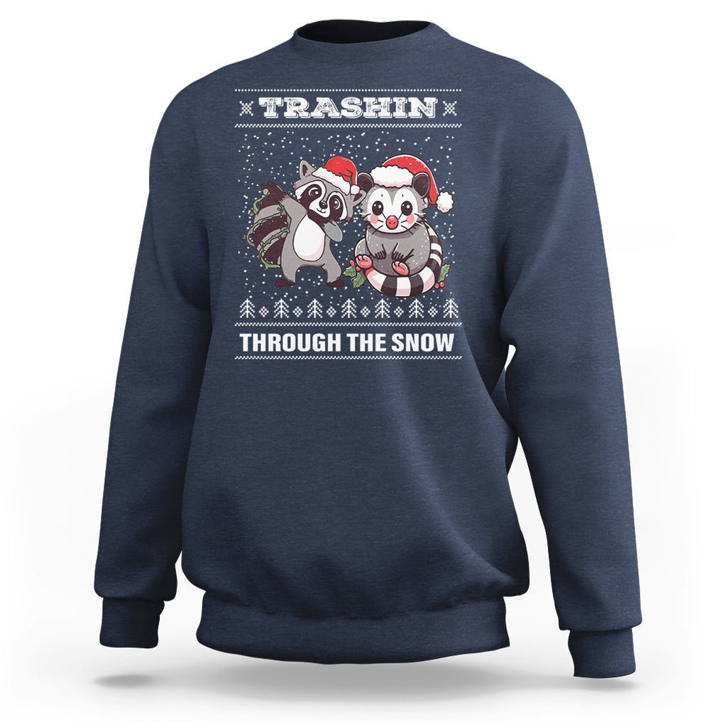 Christmas Sweatshirt Trashin Through The Snow Garbage Gang Opossum Raccoon Santa Hat TS09 Navy Printyourwear