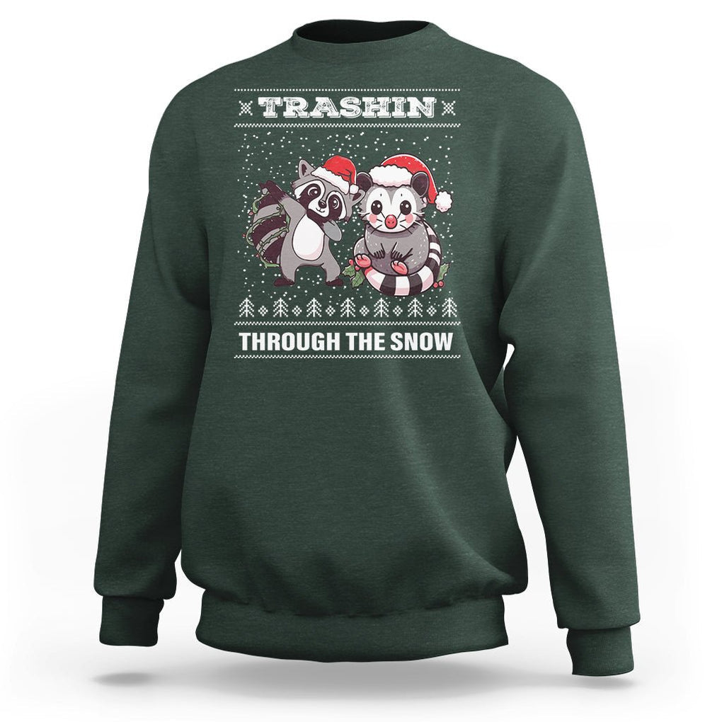 Christmas Sweatshirt Trashin Through The Snow Garbage Gang Opossum Raccoon Santa Hat TS09 Dark Forest Green Printyourwear
