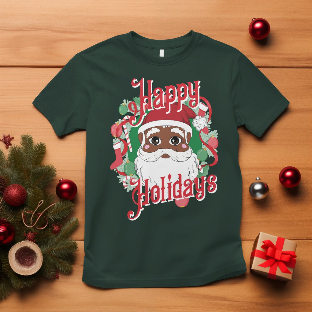 Christmas T Shirt Black Happy Holidays African American Santa TS09 Dark Forest Green Printyourwear