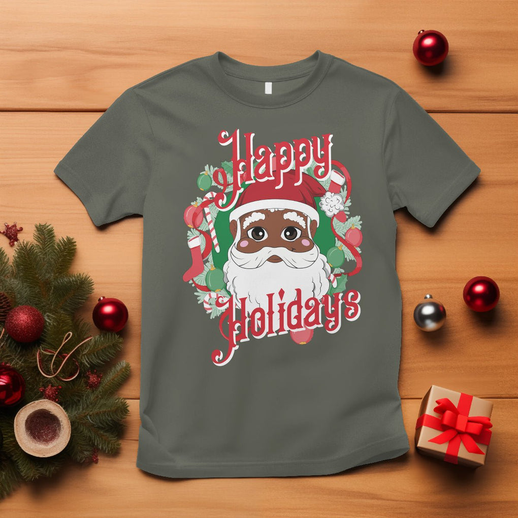 Christmas T Shirt Black Happy Holidays African American Santa TS09 Military Green Printyourwear