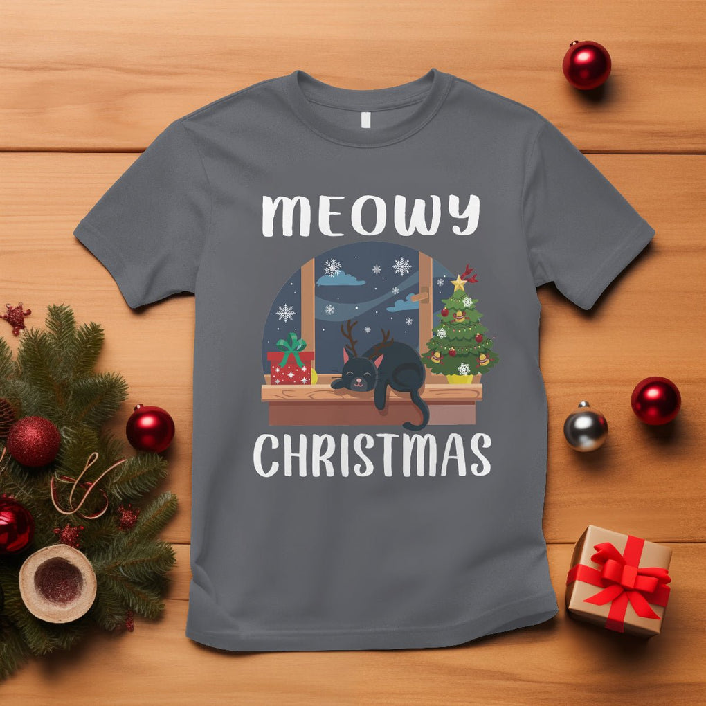 Christmas T Shirt Cat Reindeer Chillin' Xmas Eve Window Meowy TS09 Charcoal Printyourwear