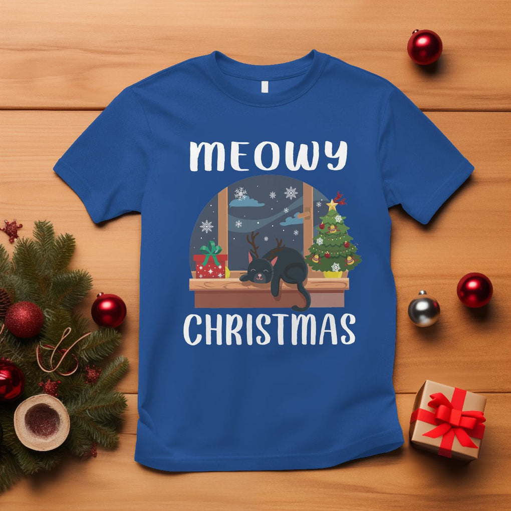 Christmas T Shirt Cat Reindeer Chillin' Xmas Eve Window Meowy TS09 Royal Blue Printyourwear