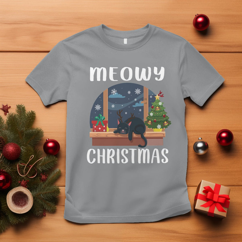 Christmas T Shirt Cat Reindeer Chillin' Xmas Eve Window Meowy TS09 Sport Gray Printyourwear