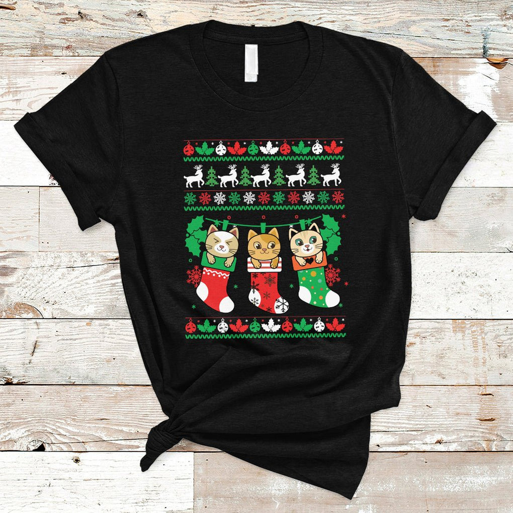 Christmas T Shirt Cute Cat In Sock Merry Catmas TS09 Military Green Printyourwear