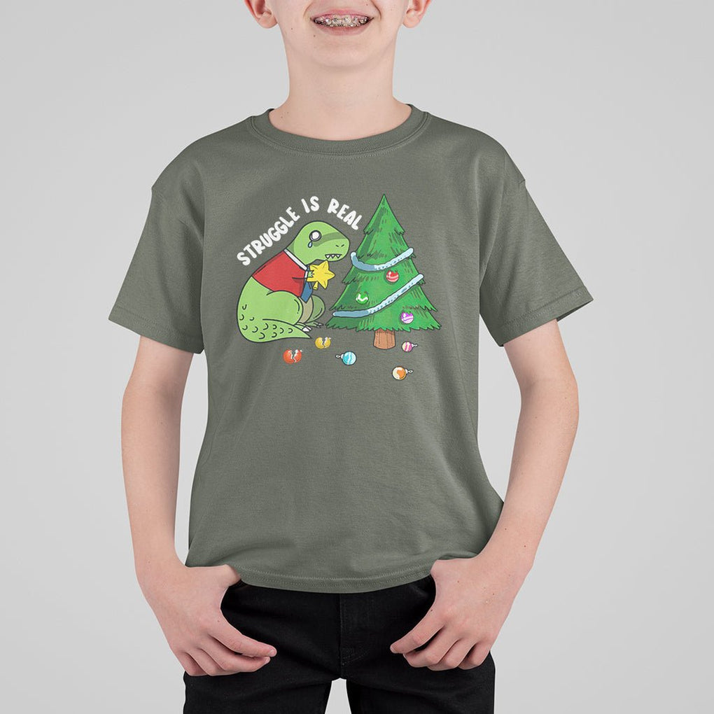 Christmas T Shirt For Kid Struggle Is Real T-Rex Christmas Tree Star TS09 Printyourwear