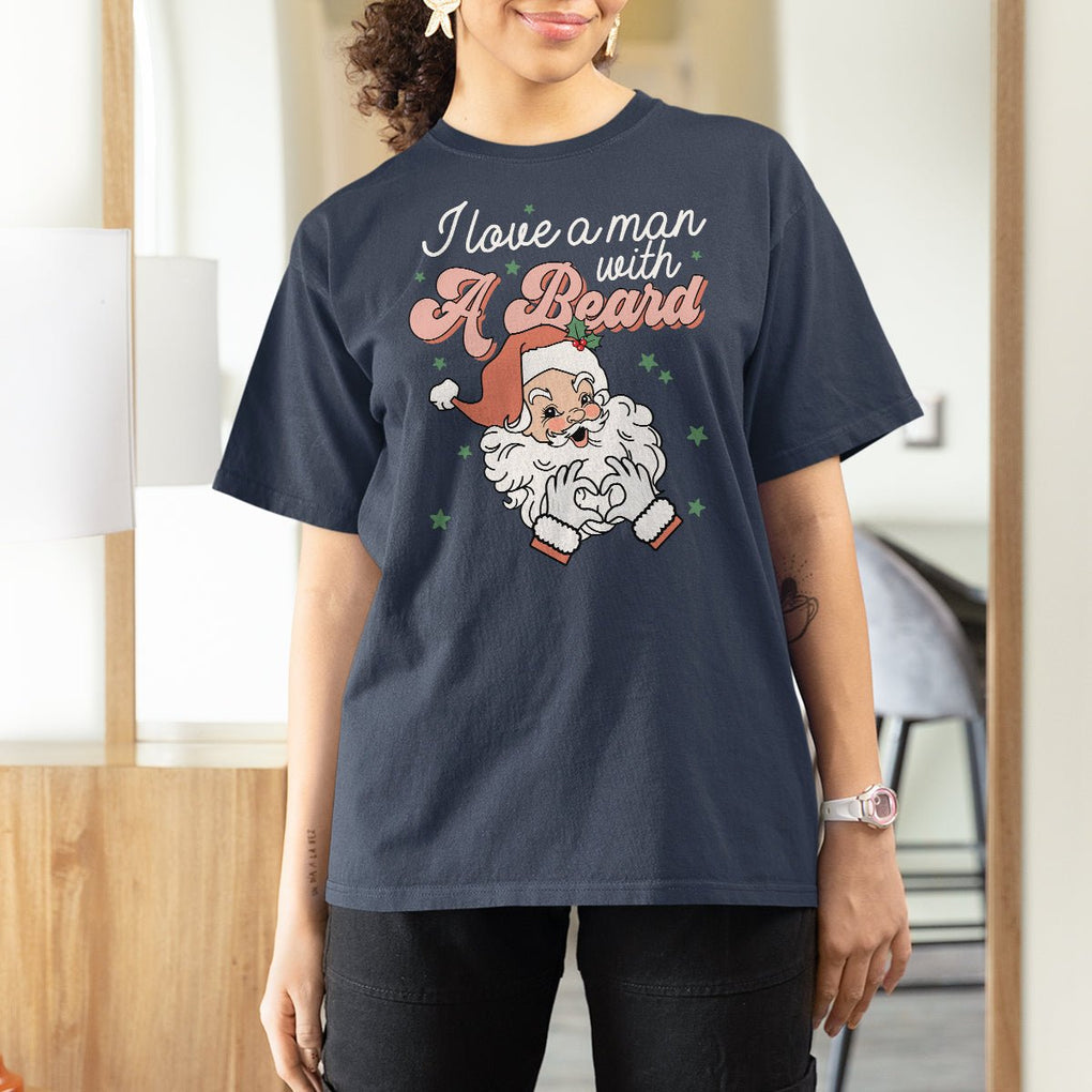 Christmas T Shirt For Women I Love A Man With A Beard Santa Xmas TS09 Navy Printyourwear