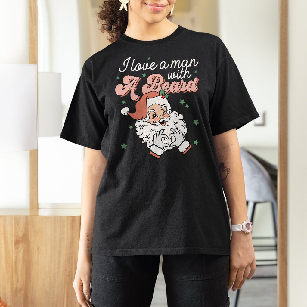 Christmas T Shirt For Women I Love A Man With A Beard Santa Xmas TS09 Black Printyourwear