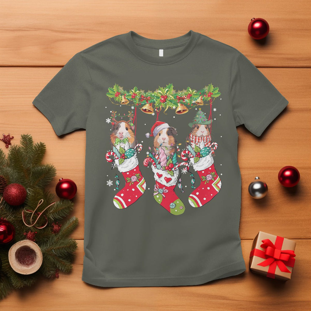 Christmas T Shirt Guinea Pig In Xmas Socks Cute Santa Hat TS09 Military Green Printyourwear