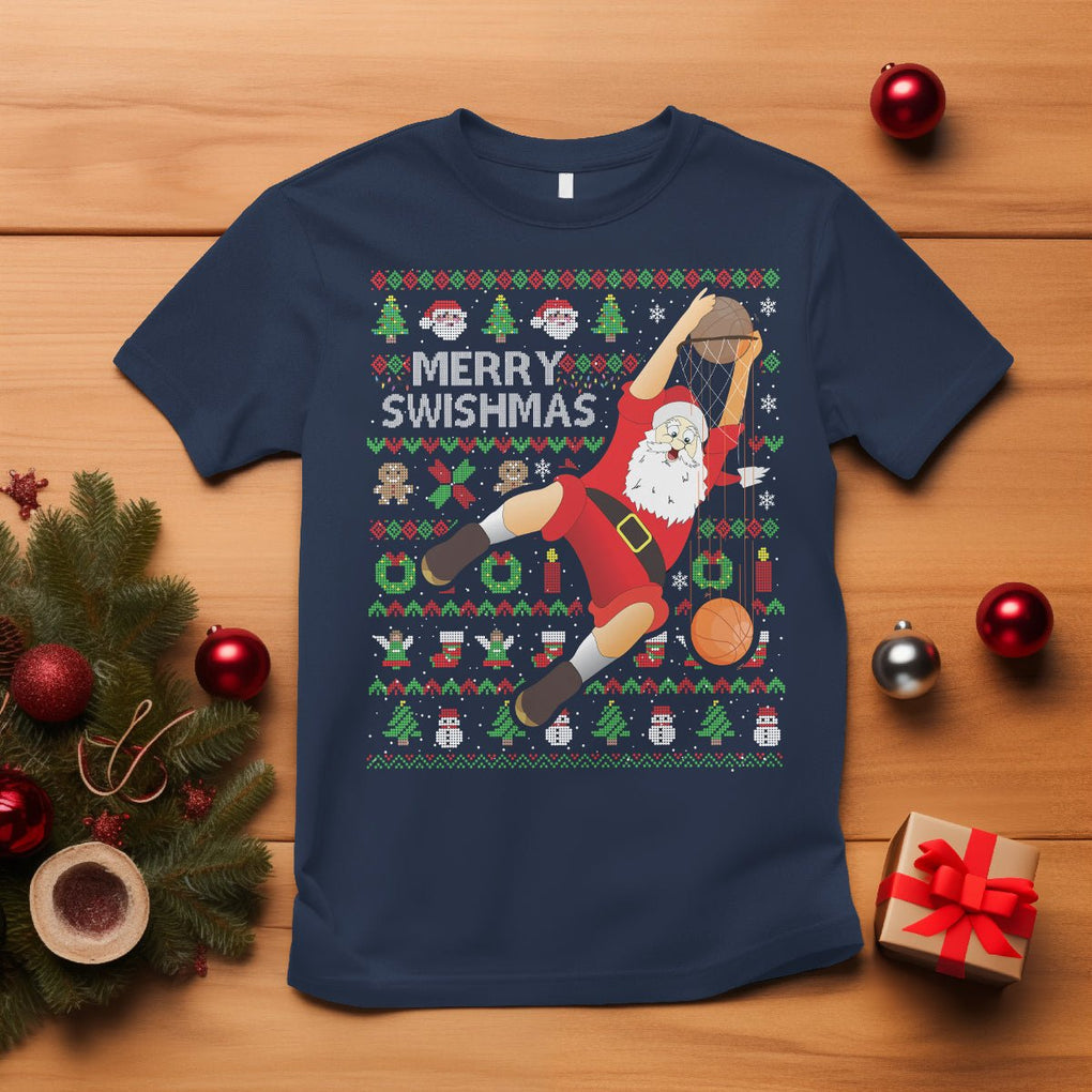 Christmas T Shirt Merry Swishmas Santa Baseketball Player TS09 Navy Printyourwear