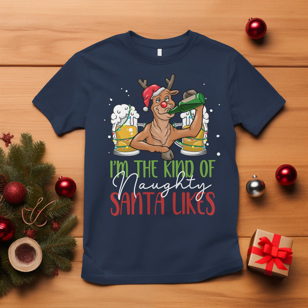 Christmas T Shirt Reindeer Beer Drinking I'm The Kind Of Naughty Santa Likes TS09 Navy Printyourwear