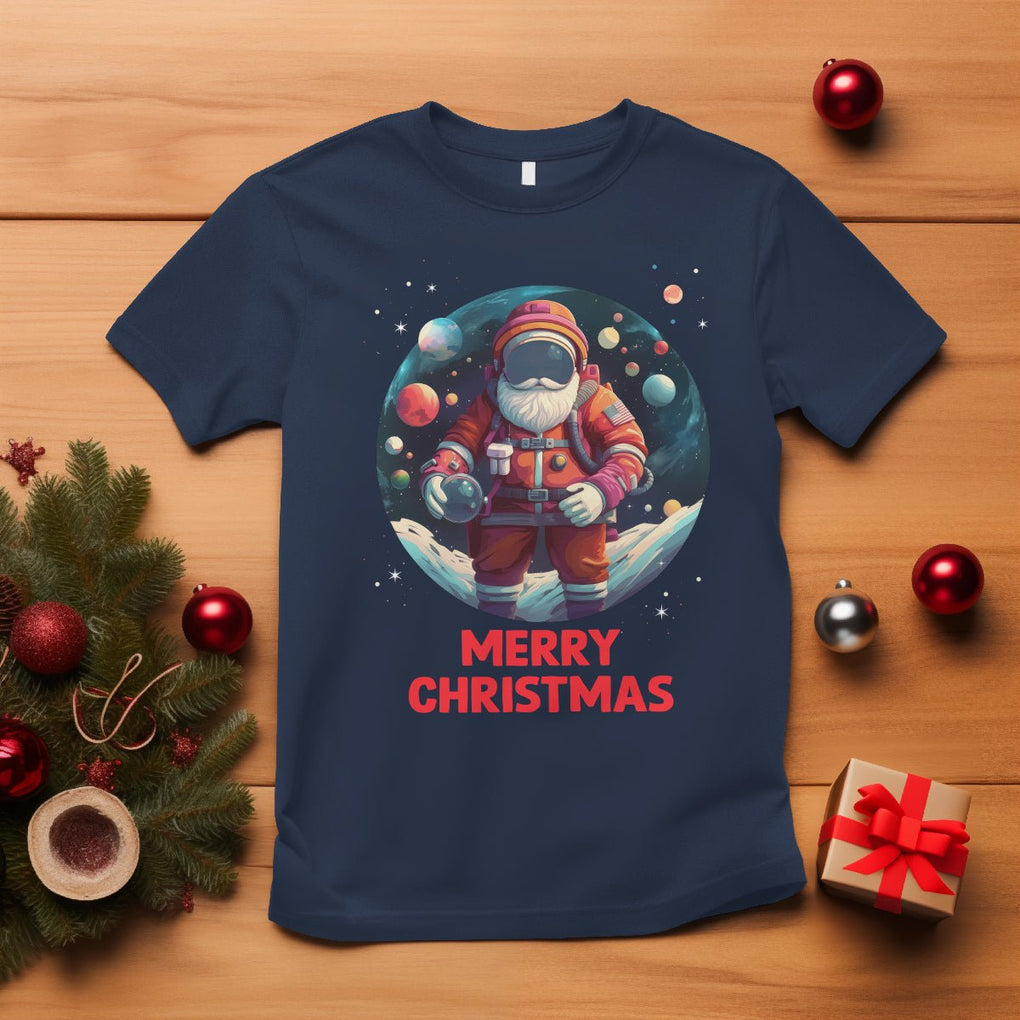 Christmas T Shirt Santa Astronaut Xmas Space Colorful Planet TS09 Navy Printyourwear