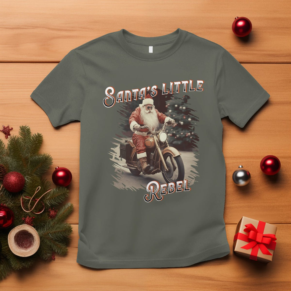Christmas T Shirt Santa's Little Rebel Rinding Motorcycle Vintage Xmas TS09 Military Green Printyourwear