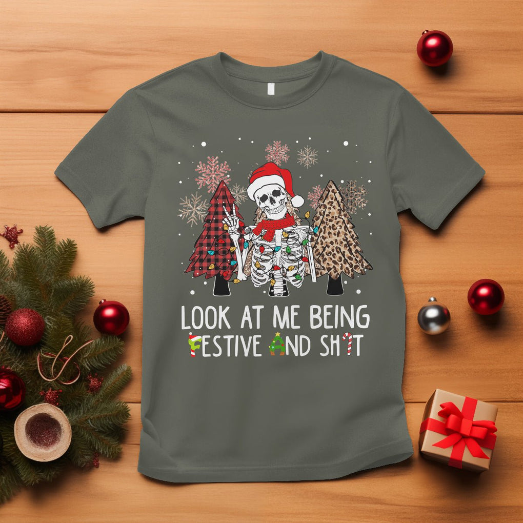 Christmas T Shirt Skeleton Look At Me Being Festival And Shit Leopard Xmas Tree TS09 Military Green Printyourwear